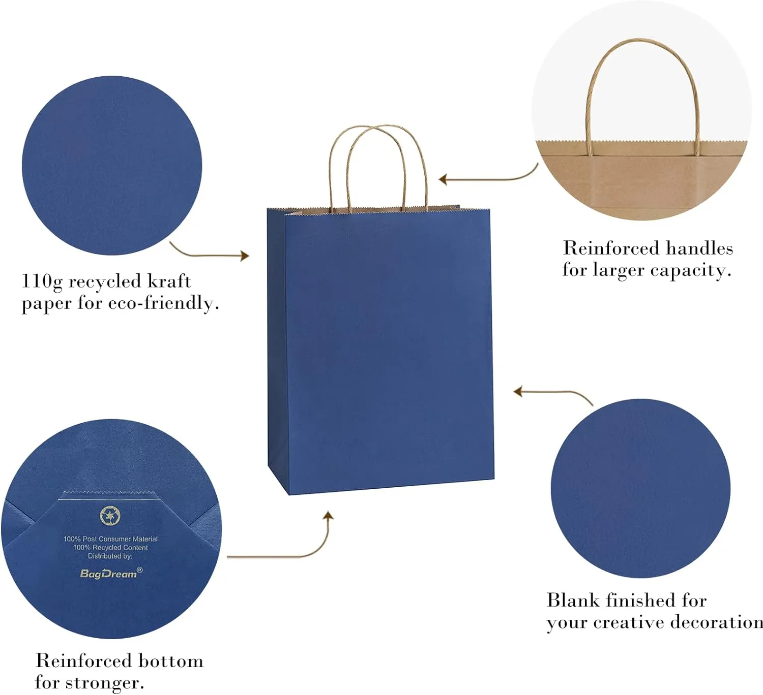 BagDream 25Pcs Navy Blue Gift Bags 8x4.25x10.5 Kraft Paper for Gifts, Shopping Retail Merchandise Grocery Sacks, Navy Blue Paper Bags with Handles Bulk Medium