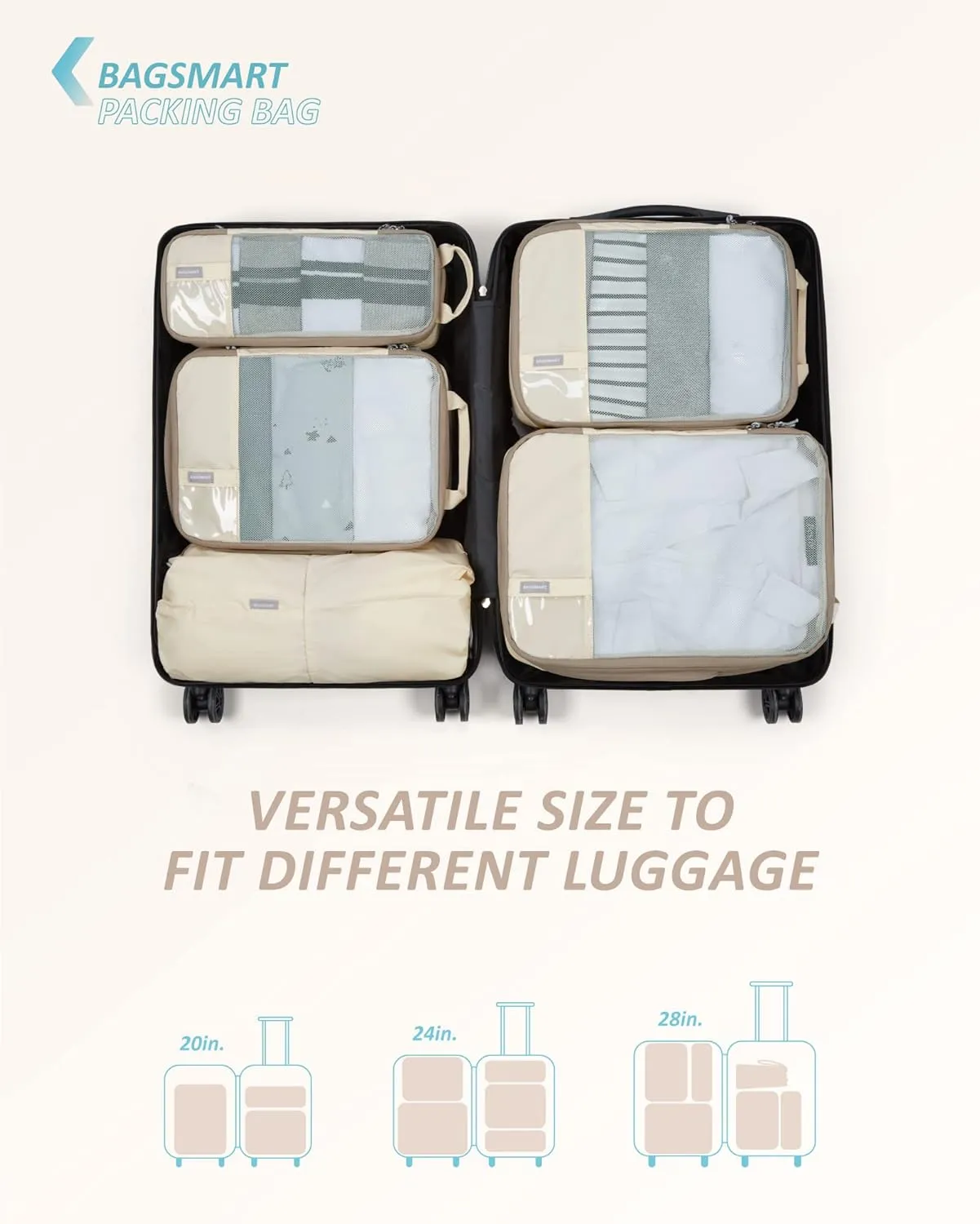 BAGSMART 6 Set Compression Packing Cubes - Lightweight Travel Essentials, Durable Luggage Organizer
