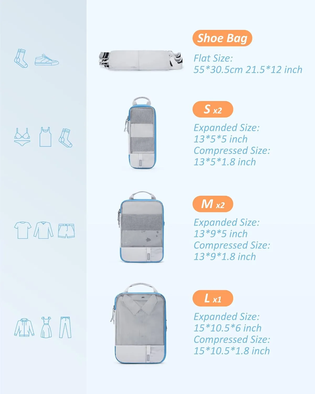 BAGSMART 6 Set Compression Packing Cubes - Lightweight Travel Essentials, Durable Luggage Organizer