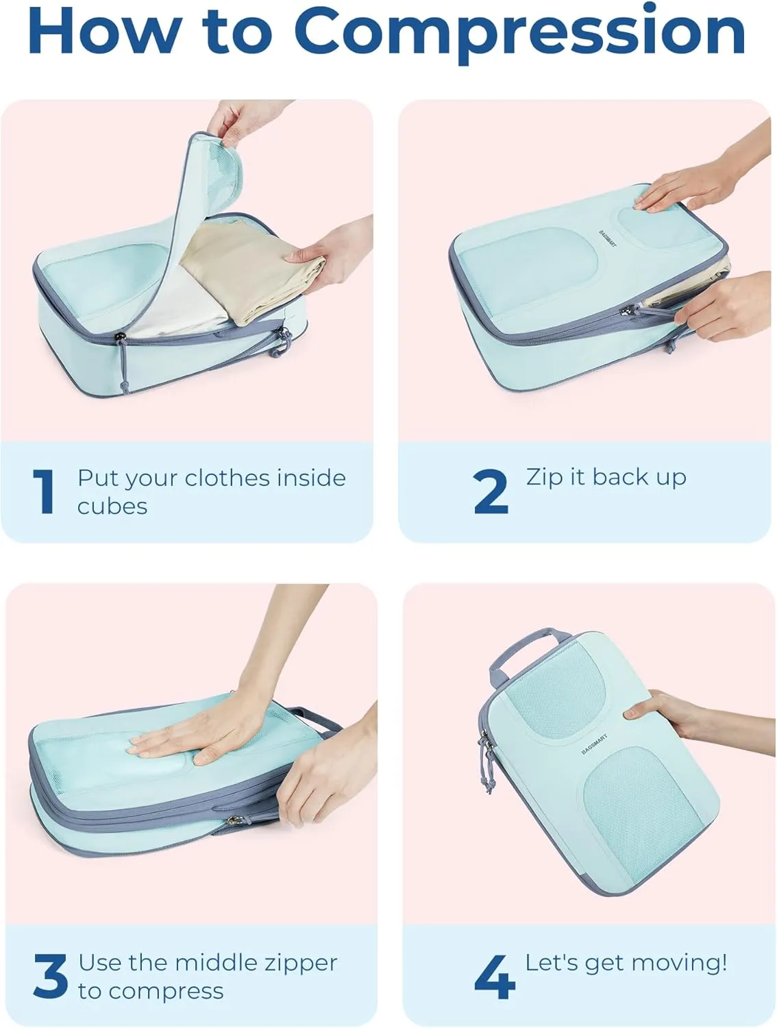 BAGSMART 6 Set Packing Cubes for Suitcases, Lightweight Suitcase Organizers & Compression Travel Cubes