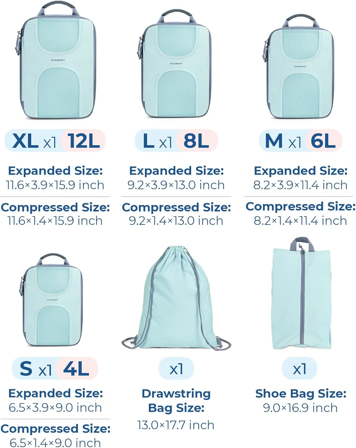BAGSMART 6 Set Packing Cubes for Suitcases, Lightweight Suitcase Organizers & Compression Travel Cubes