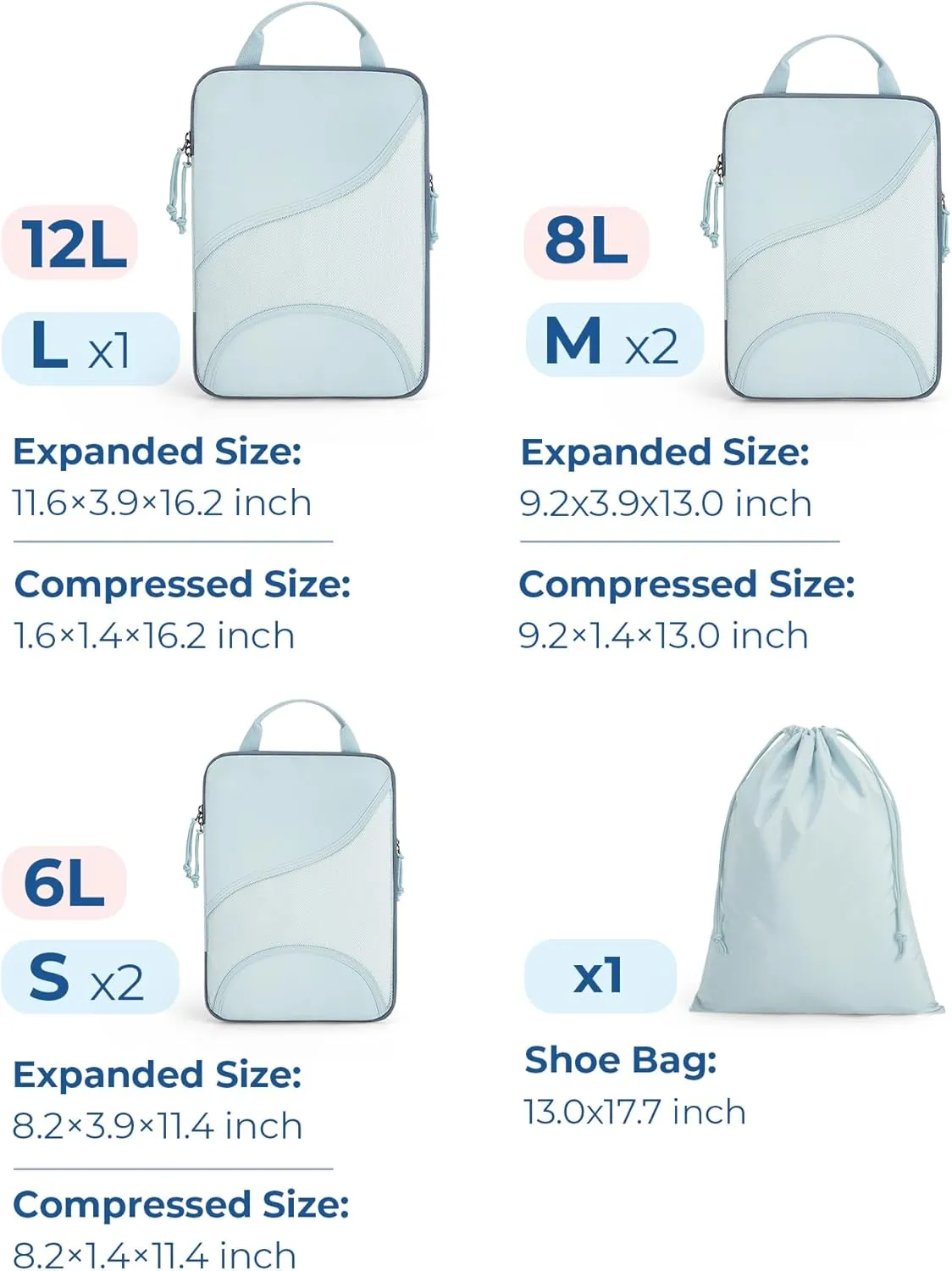 BAGSMART Compression Packing Cubes - 6 Set Travel Packing Cubes for Suitcases, Compression Suitcase Organizers with Shoe Bag