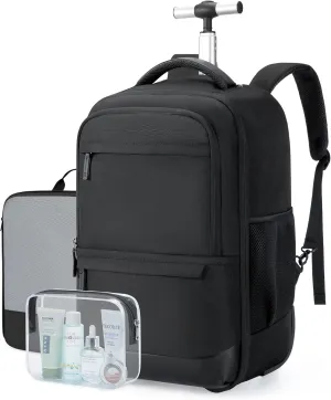 BAGSMART Rolling Travel Backpack, Water-Resistant Travel Laptop Backpacks with Wheels for Adults, 17 Inch Large Roller College Backpack Luggage Carry on with 2 Packing Cubes, Black