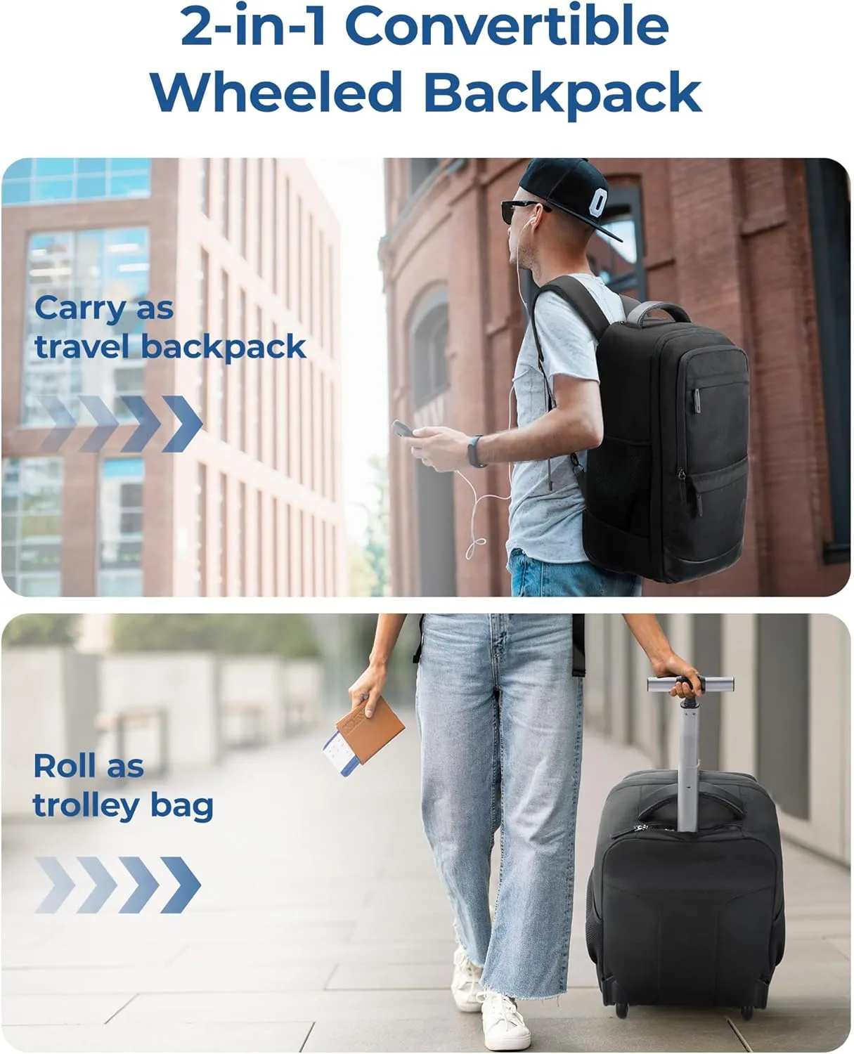 BAGSMART Rolling Travel Backpack, Water-Resistant Travel Laptop Backpacks with Wheels for Adults, 17 Inch Large Roller College Backpack Luggage Carry on with 2 Packing Cubes, Black