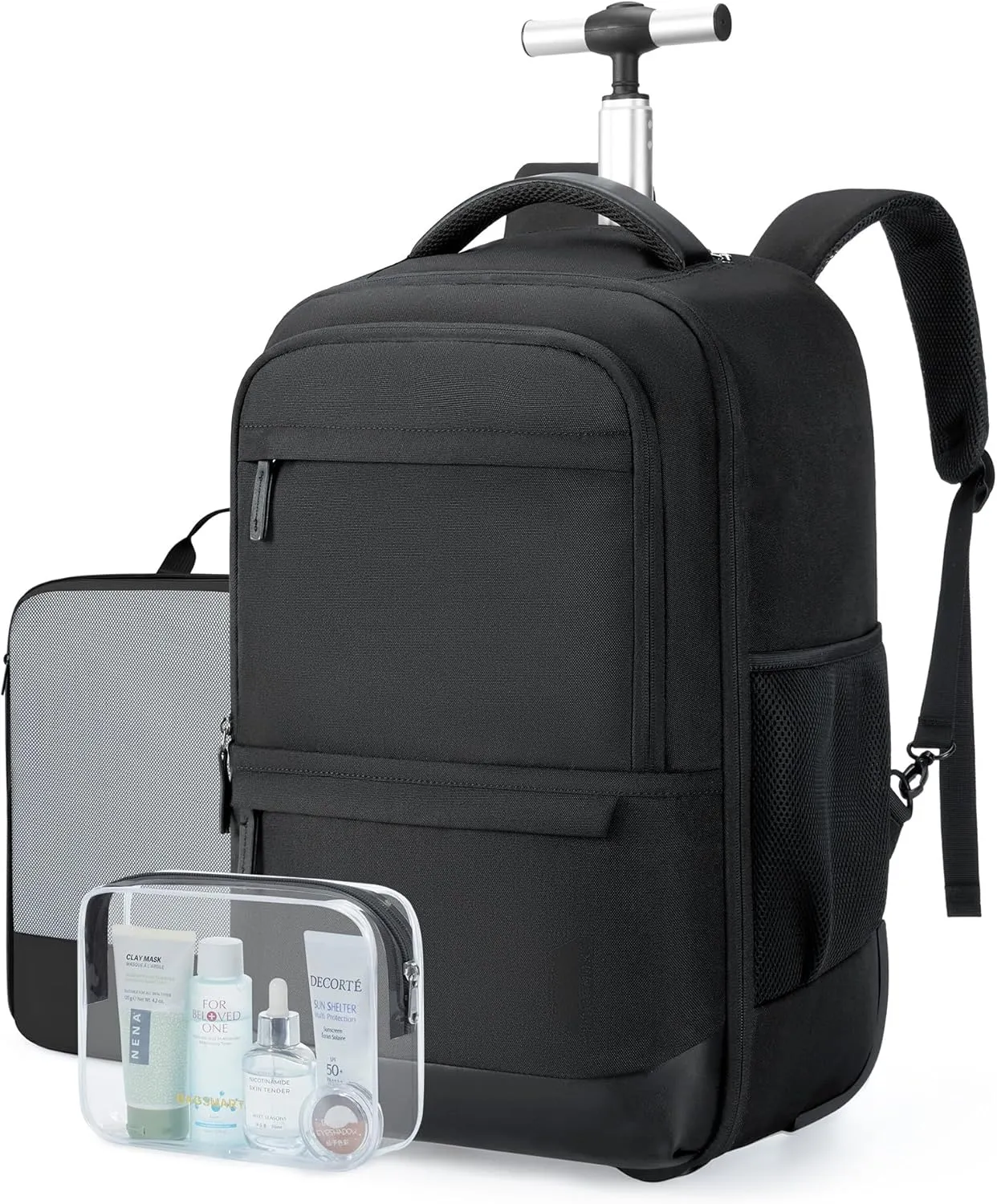 BAGSMART Rolling Travel Backpack, Water-Resistant Travel Laptop Backpacks with Wheels for Adults, 17 Inch Large Roller College Backpack Luggage Carry on with 2 Packing Cubes, Black