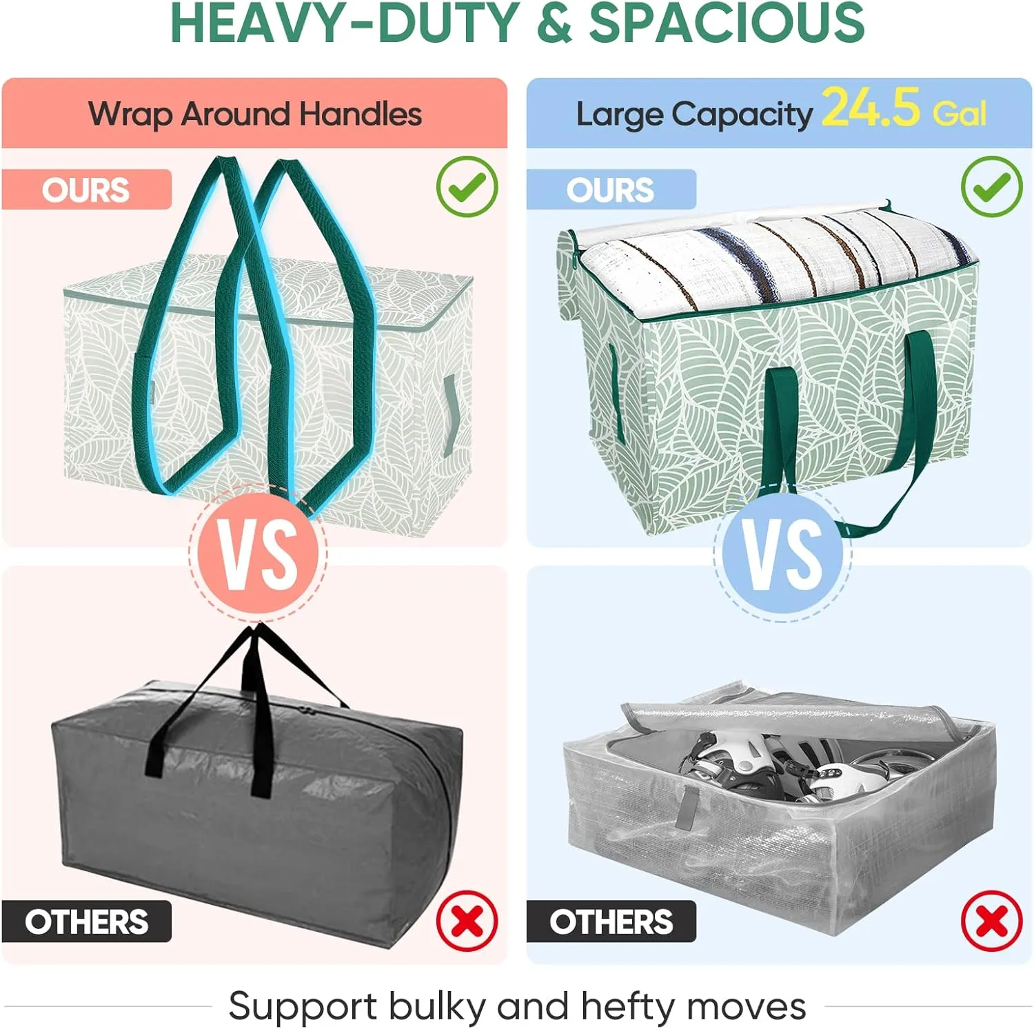 BALEINE 4-Pack Oversized Moving Bags with Reinforced Handles, Heavy-Duty Storage Tote for Clothes, Moving Supplies (Antique Folidage, 4-Pack)