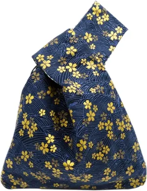 BAR Stylish Cotton Japanese Pattern Wrist Bag Sleeve Knot Pouch Portable Canvas Tote Purse for Female, Women (Blue Flower)