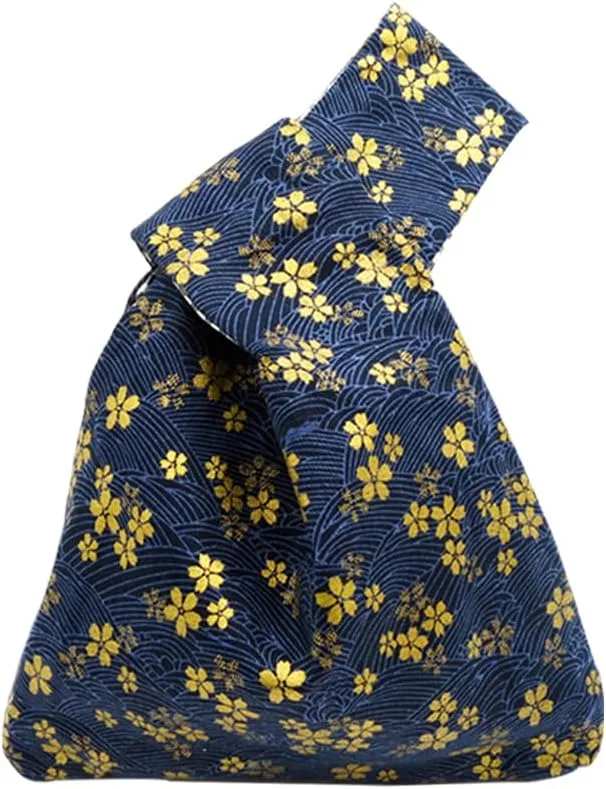 BAR Stylish Cotton Japanese Pattern Wrist Bag Sleeve Knot Pouch Portable Canvas Tote Purse for Female, Women (Blue Flower)