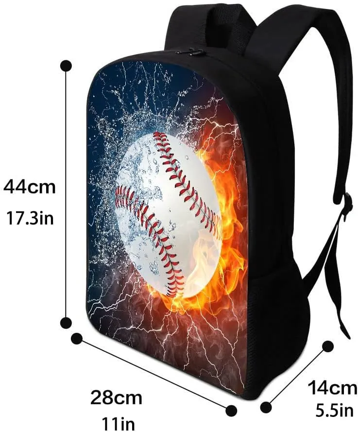 Baseball Book Bags Black Backpack for Man/Kid/Girl/Woman 17 Inch Combustion Pattern Cool Design School Bags