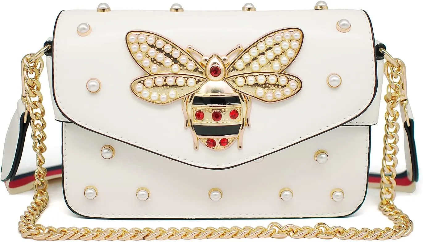 Beatfull Designer Bee Purse Fashion Crossbody Bags with Pearl for Women Pu Leather Shoulder Clutch Handbags