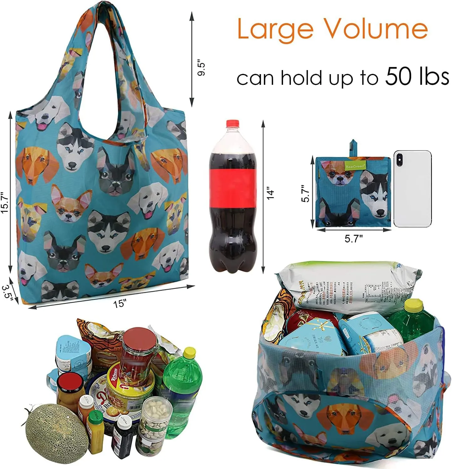 BeeGreen Reusable Grocery Bags 6 Pack Foldable Cute Shopping Holiday Bag with Handles Large Cloth Gift Groceries Tote- bag Bulk Polyester Tote Heavy Duty
