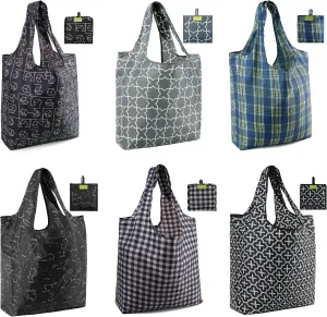 BeeGreen Reusable- Grocery- Bags Geometry Design - Pack of 6 Foldable Totes for Women with Pouch, Machine Washable Polyester Shopping Bags for Men Travel Shopping Gifts