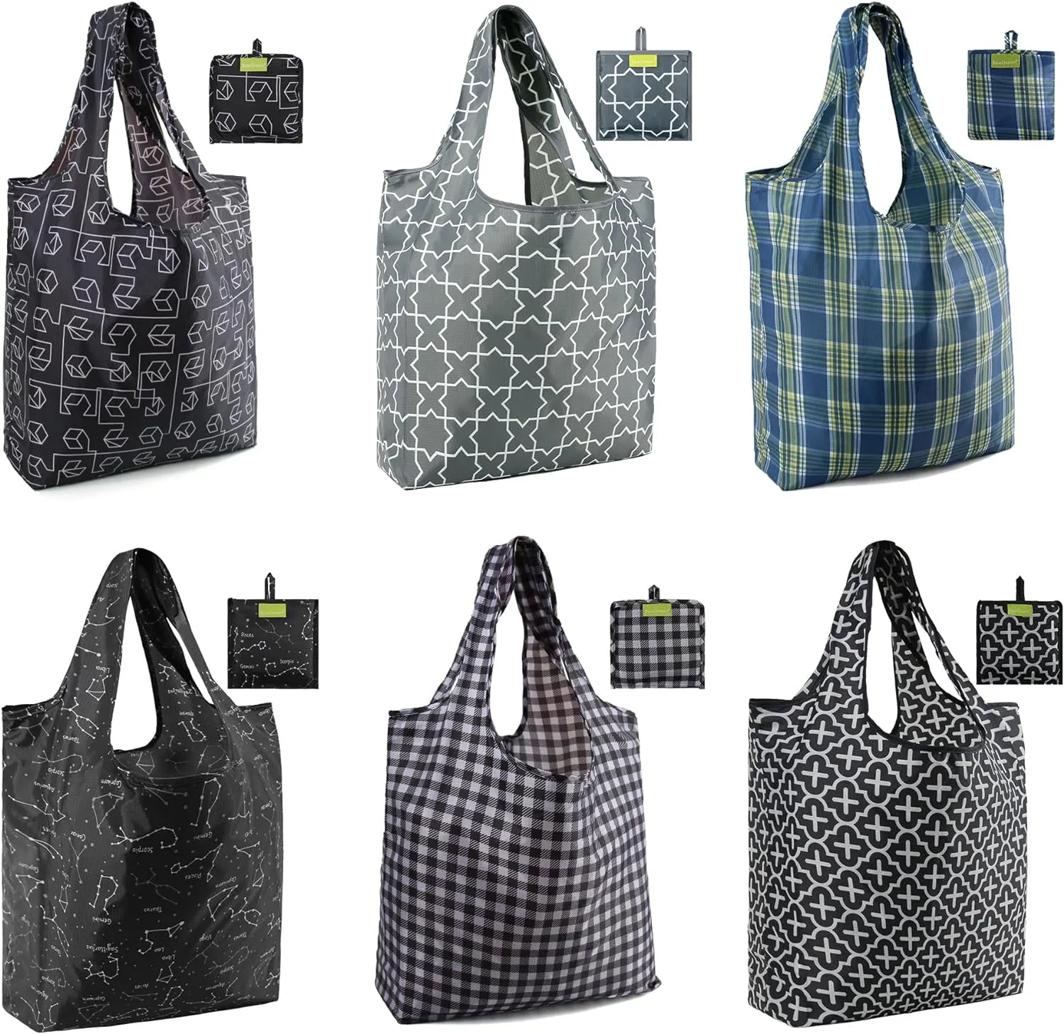 BeeGreen Reusable- Grocery- Bags Geometry Design - Pack of 6 Foldable Totes for Women with Pouch, Machine Washable Polyester Shopping Bags for Men Travel Shopping Gifts