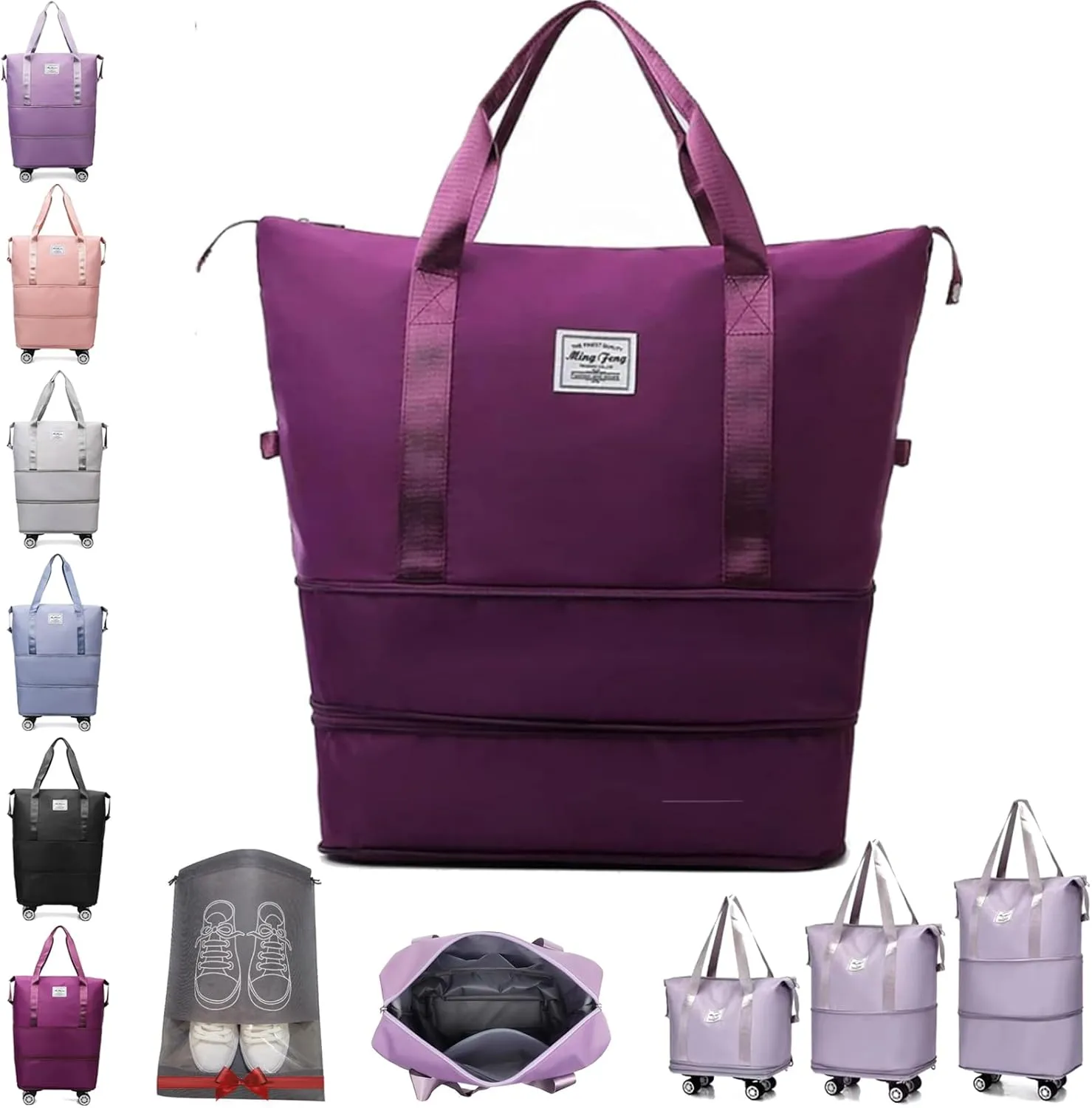 Beente/Pepepo/Kulken Travel Bag with Wheels, Large Capacity Travel Bag with Wheels - Universal Wheel Removable (Non-wheeled, Dark Purple)