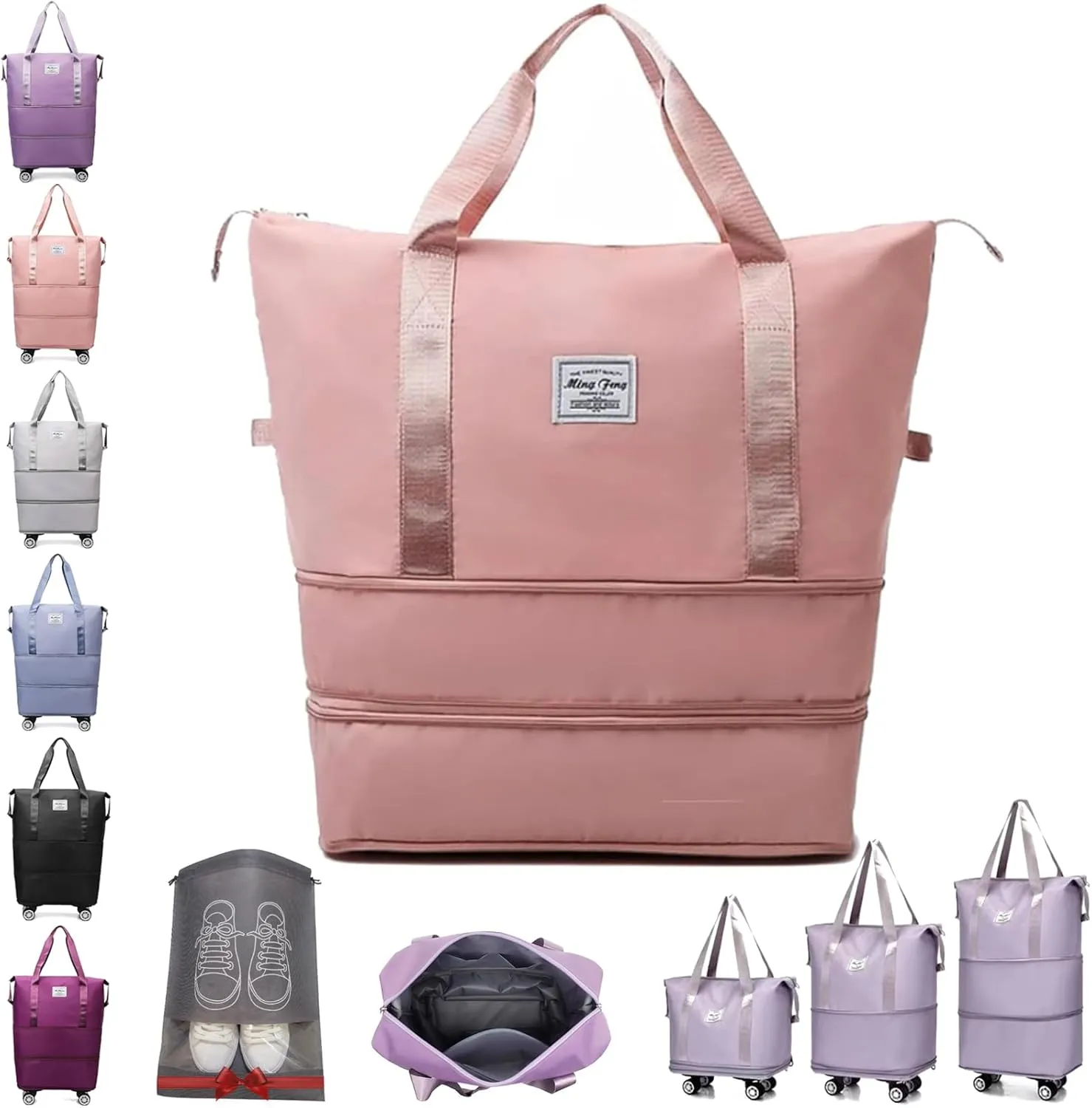 Beente/Pepepo/Kulken Travel Bag with Wheels, Large Capacity Travel Bag with Wheels - Universal Wheel Removable (Non-wheeled, Pink)