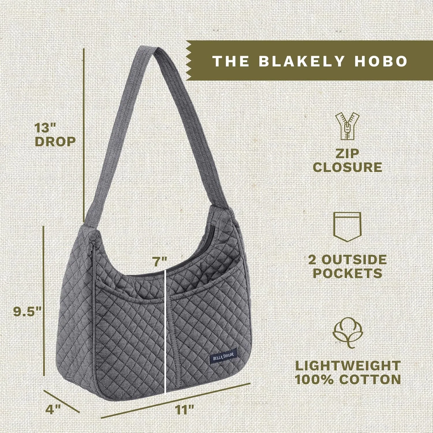 Bella Taylor Blakely - Hobo Shoulder Bag for Women - Lightweight Quilted Fabric Purse with Pockets