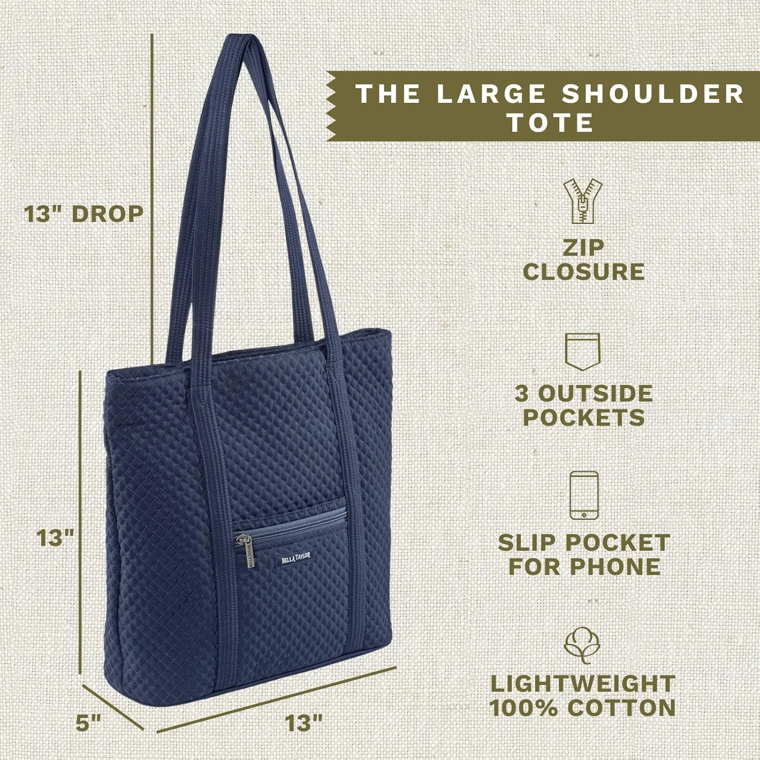 Bella Taylor Large Tote | Lightweight Quilted Fabric Tote Bags for Women
