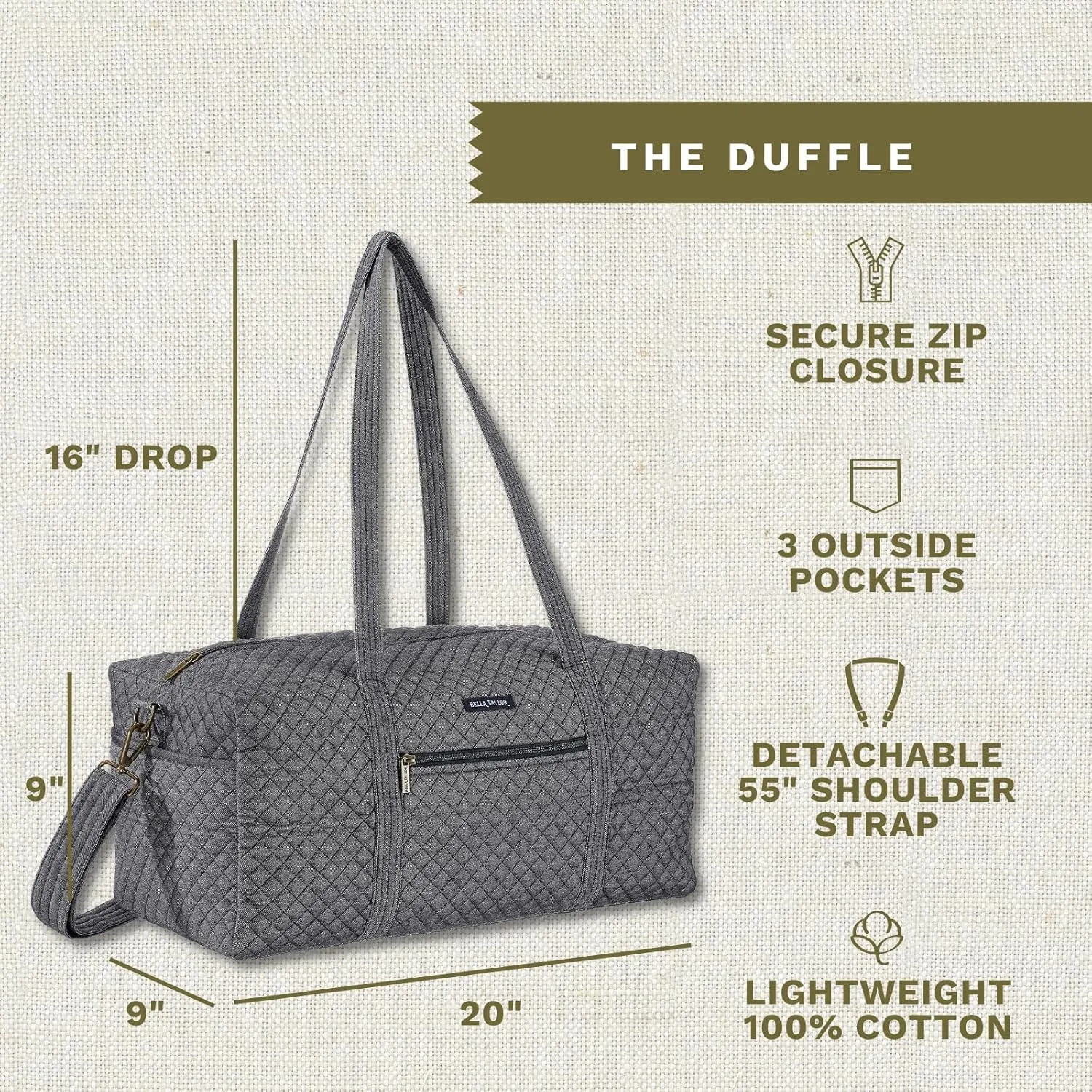 Bella Taylor Quilted Duffle Bag for Women, Large Carry On Travel Weekend Bag, Quilted Cotton Midnight Dark Denim