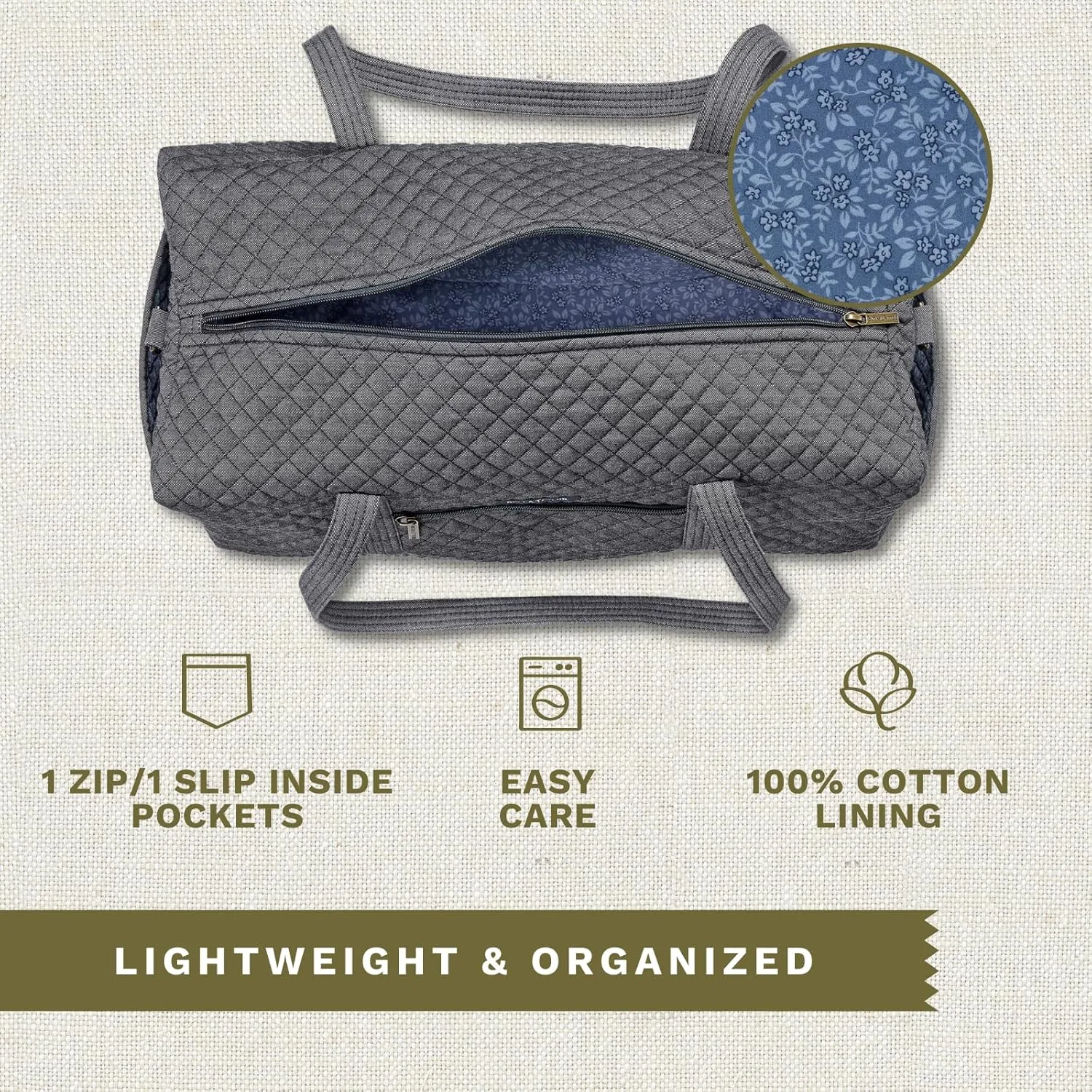 Bella Taylor Quilted Duffle Bag for Women, Large Carry On Travel Weekend Bag, Quilted Cotton Midnight Dark Denim