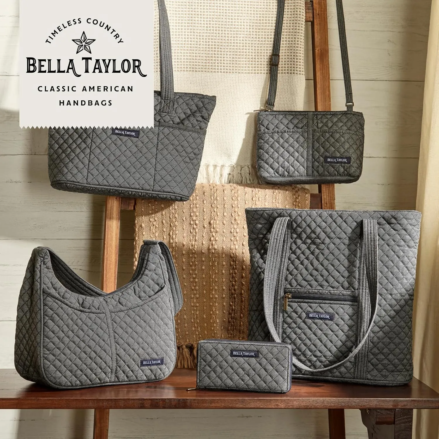 Bella Taylor Quilted Duffle Bag for Women, Large Carry On Travel Weekend Bag, Quilted Cotton Midnight Dark Denim