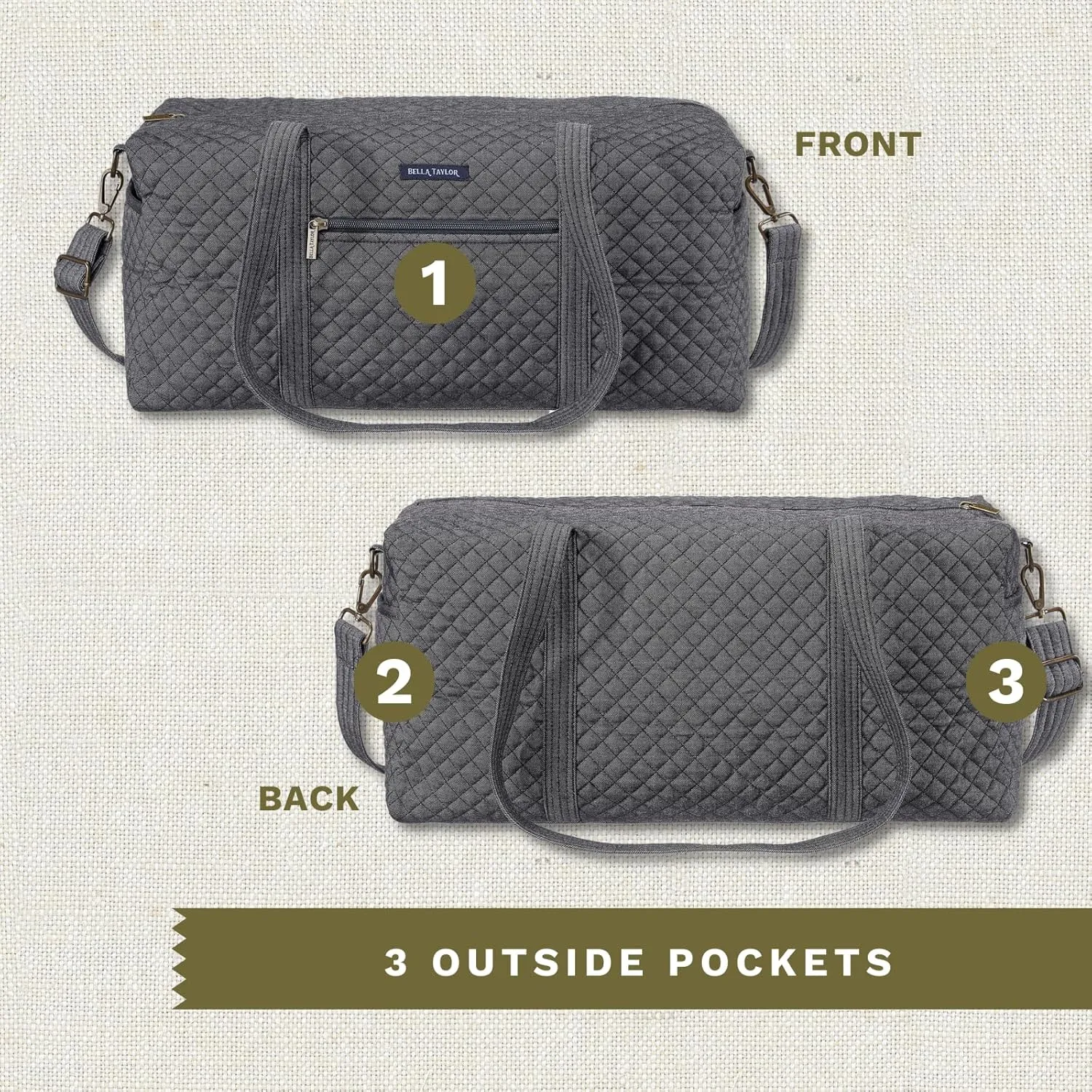 Bella Taylor Quilted Duffle Bag for Women, Large Carry On Travel Weekend Bag, Quilted Cotton Midnight Dark Denim