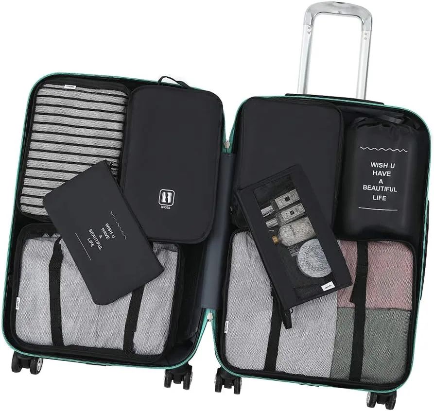 Belsmi 8 Set Packing Cubes with Shoe Bag - Compression Travel Luggage Organizer