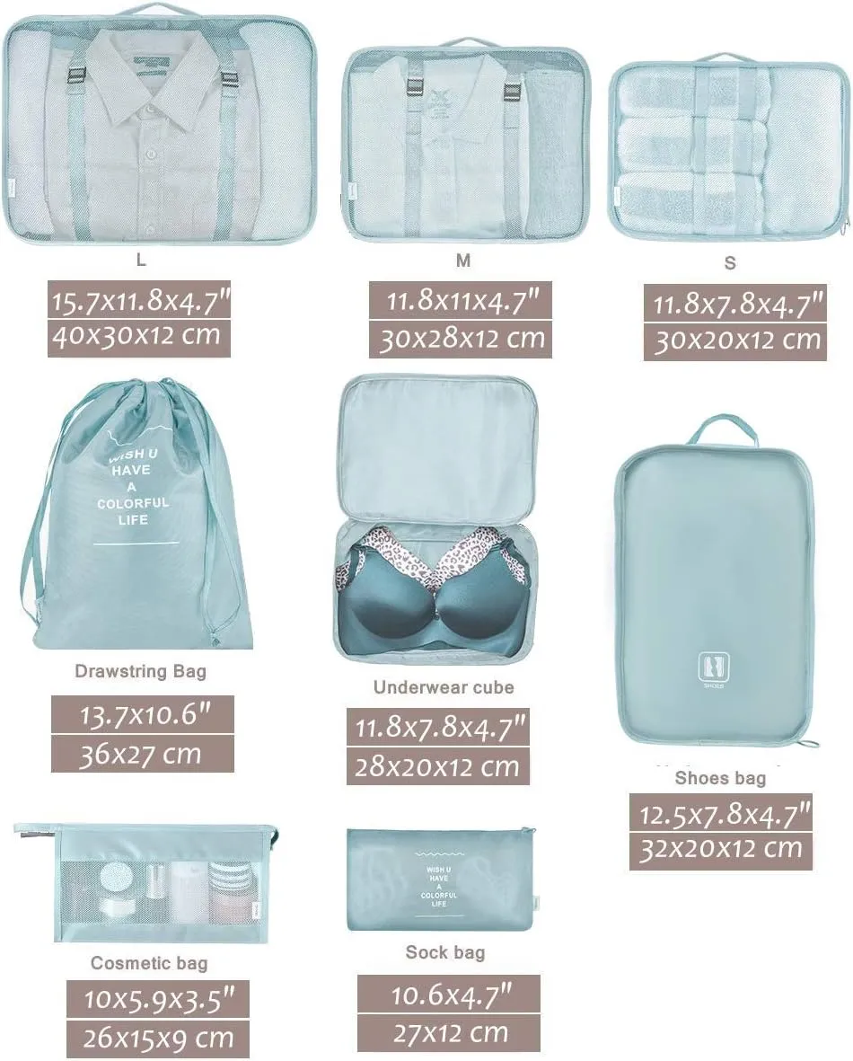Belsmi 8 Set Packing Cubes with Shoe Bag - Compression Travel Luggage Organizer