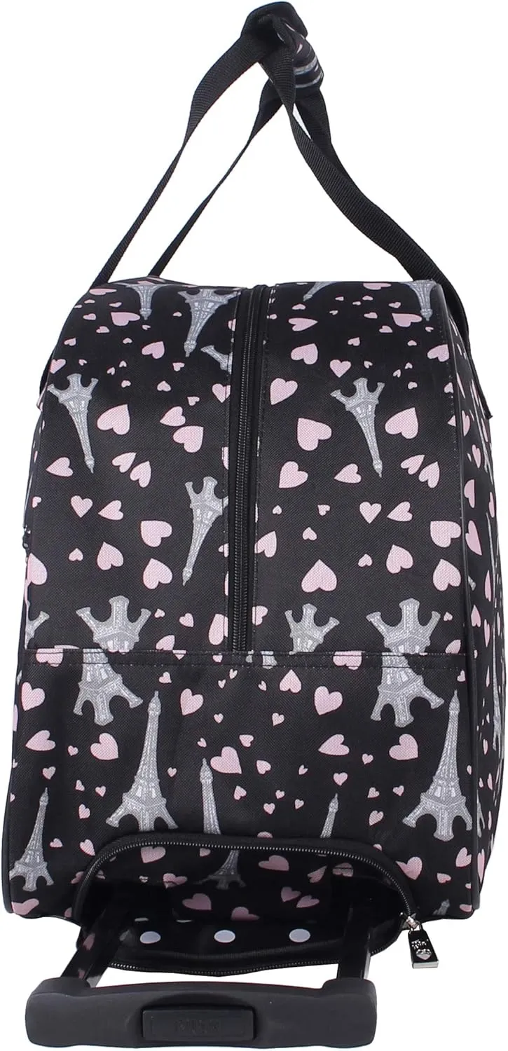 Betsey Johnson Designer Carry On Luggage Collection - Lightweight Pattern 22 Inch Duffel Bag- Weekender Overnight Business Travel Suitcase with 2- Rolling Spinner Wheels (Paris Love)