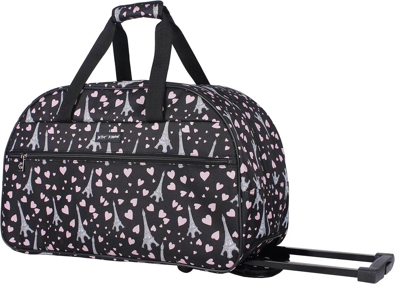 Betsey Johnson Designer Carry On Luggage Collection - Lightweight Pattern 22 Inch Duffel Bag- Weekender Overnight Business Travel Suitcase with 2- Rolling Spinner Wheels (Paris Love)