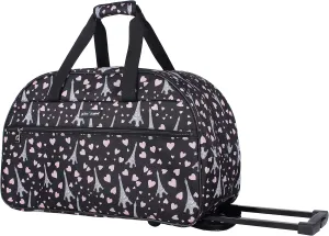 Betsey Johnson Designer Carry On Luggage Collection - Lightweight Pattern 22 Inch Duffel Bag- Weekender Overnight Business Travel Suitcase with 2- Rolling Spinner Wheels (Paris Love)