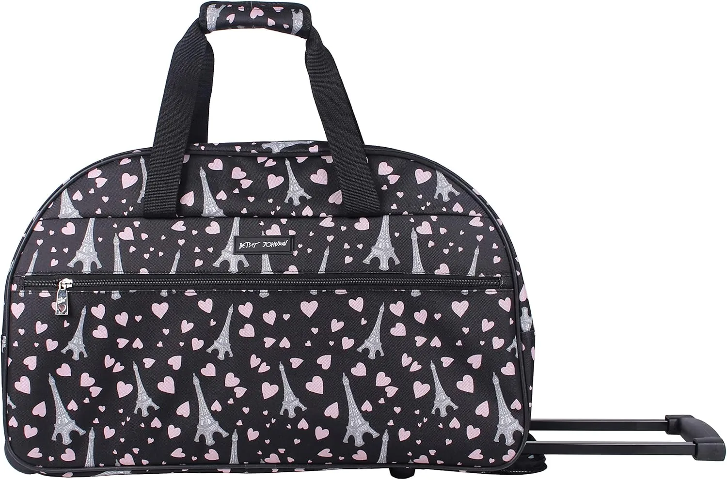 Betsey Johnson Designer Carry On Luggage Collection - Lightweight Pattern 22 Inch Duffel Bag- Weekender Overnight Business Travel Suitcase with 2- Rolling Spinner Wheels (Paris Love)