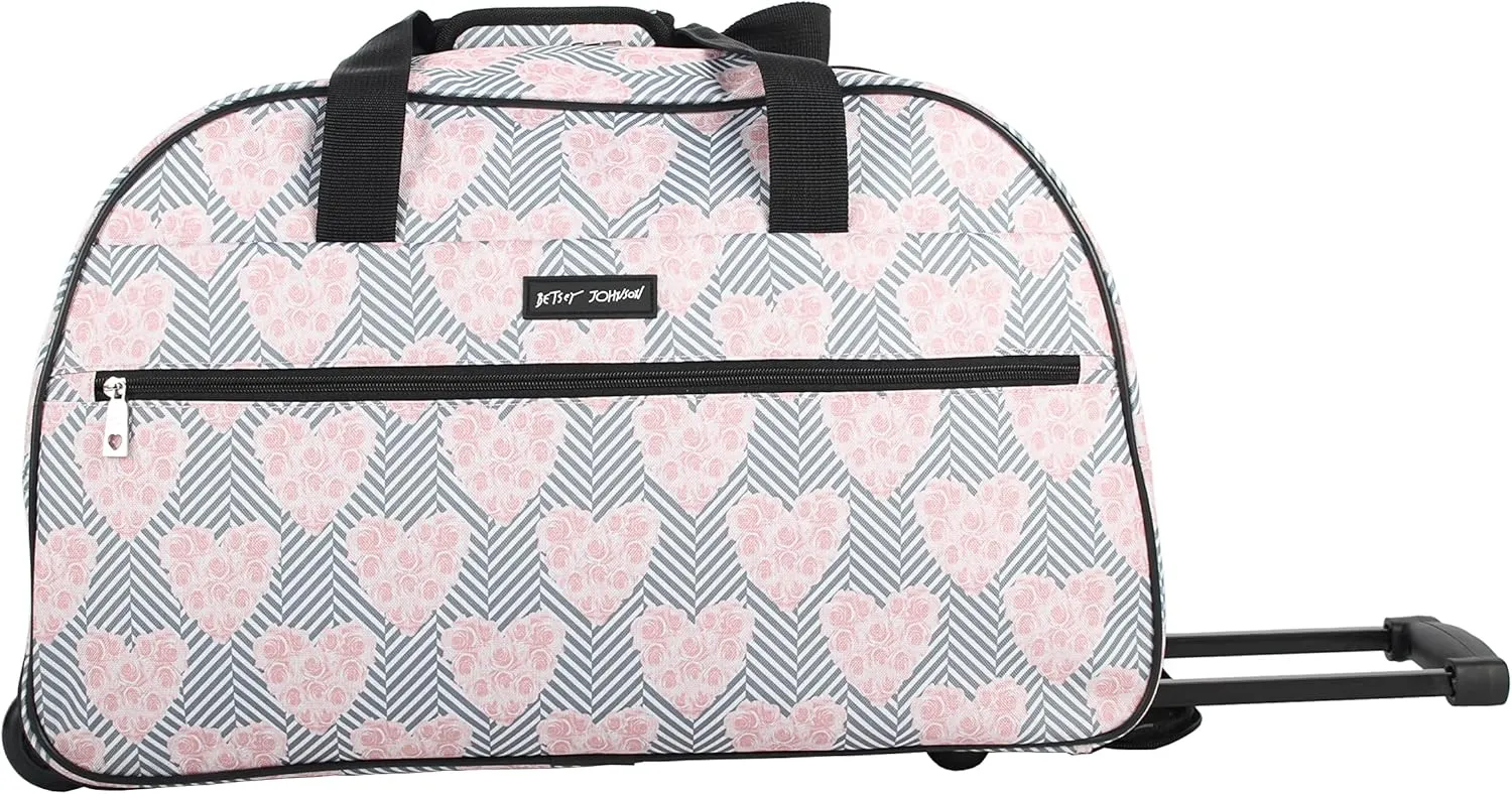 Betsey Johnson Designer Carry On Luggage Collection - Lightweight Pattern 22 Inch Duffel Bag- Weekender Overnight Business Travel Suitcase with 2- Rolling Wheels (CHEVRON HEARTS, One Size)
