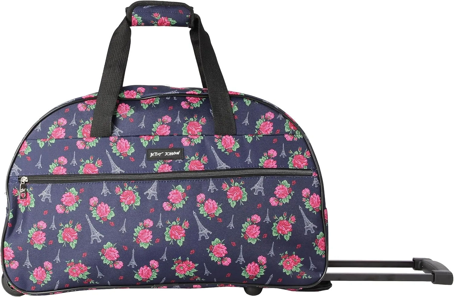 Betsey Johnson Designer Carry On Luggage Collection - Lightweight Pattern 22 Inch Duffel Bag- Weekender Overnight Business Travel Suitcase with 2- Rolling Wheels (Eiffel Towers)