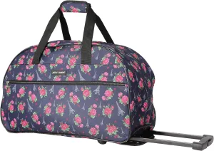 Betsey Johnson Designer Carry On Luggage Collection - Lightweight Pattern 22 Inch Duffel Bag- Weekender Overnight Business Travel Suitcase with 2- Rolling Wheels (Eiffel Towers)
