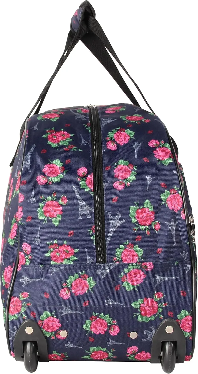 Betsey Johnson Designer Carry On Luggage Collection - Lightweight Pattern 22 Inch Duffel Bag- Weekender Overnight Business Travel Suitcase with 2- Rolling Wheels (Eiffel Towers)