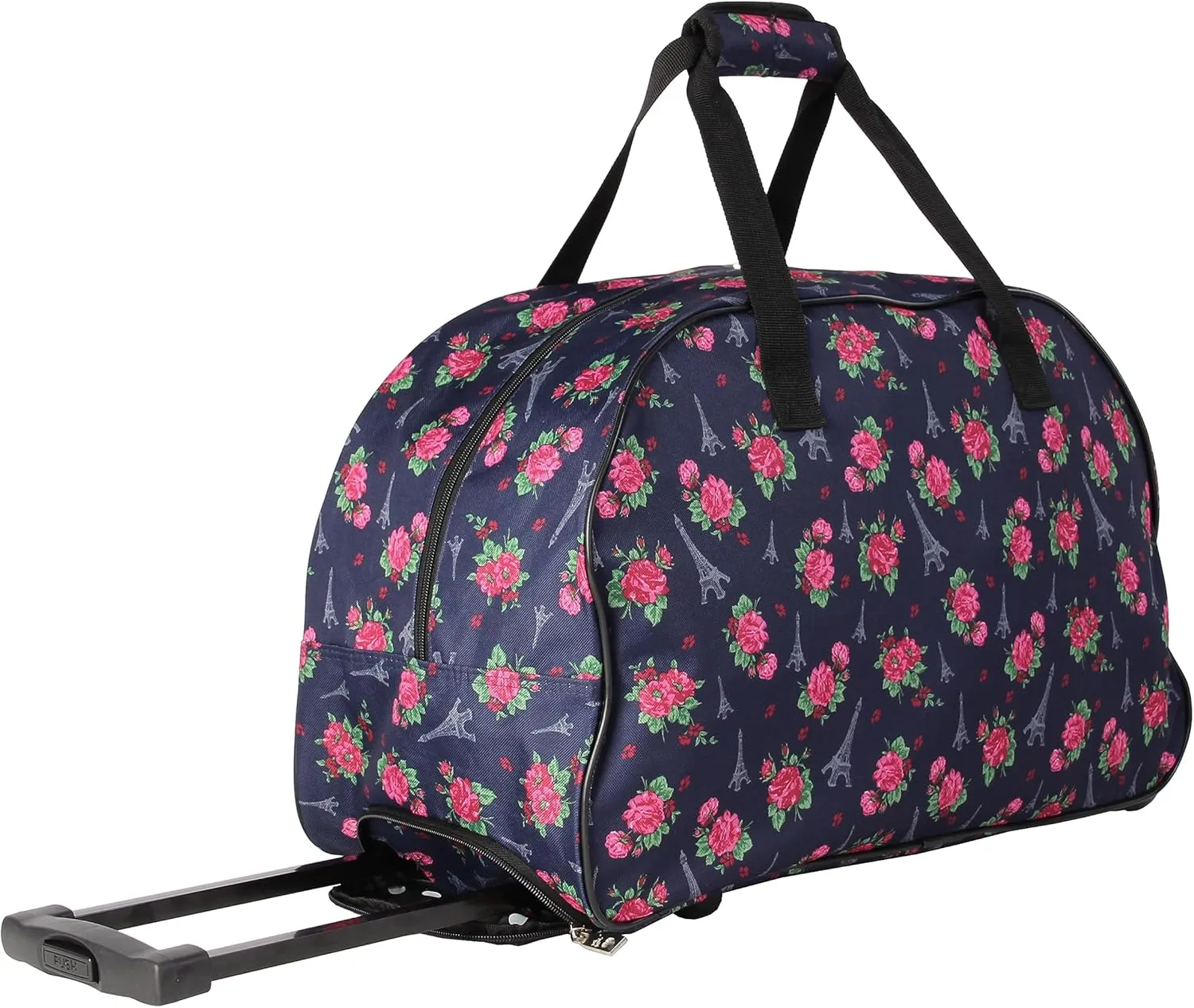 Betsey Johnson Designer Carry On Luggage Collection - Lightweight Pattern 22 Inch Duffel Bag- Weekender Overnight Business Travel Suitcase with 2- Rolling Wheels (Eiffel Towers)