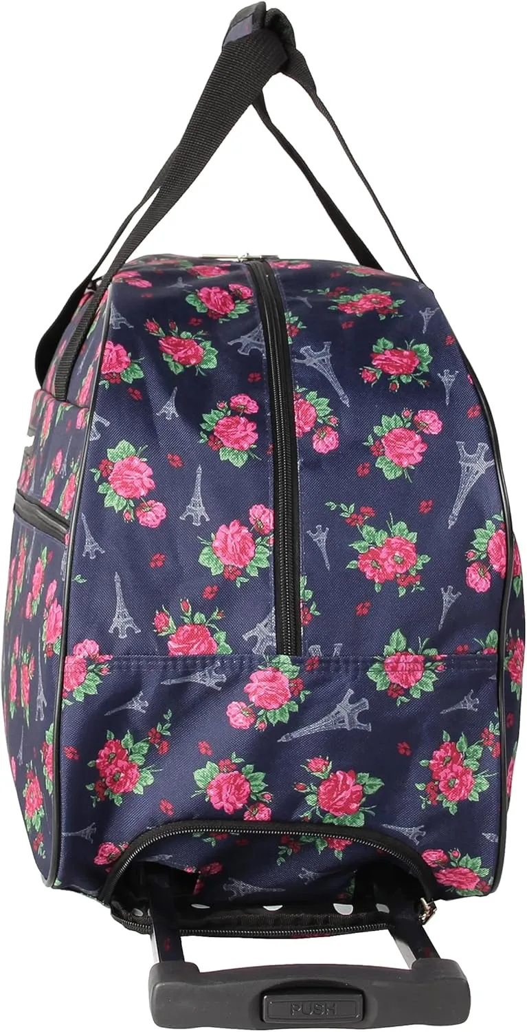 Betsey Johnson Designer Carry On Luggage Collection - Lightweight Pattern 22 Inch Duffel Bag- Weekender Overnight Business Travel Suitcase with 2- Rolling Wheels (Eiffel Towers)