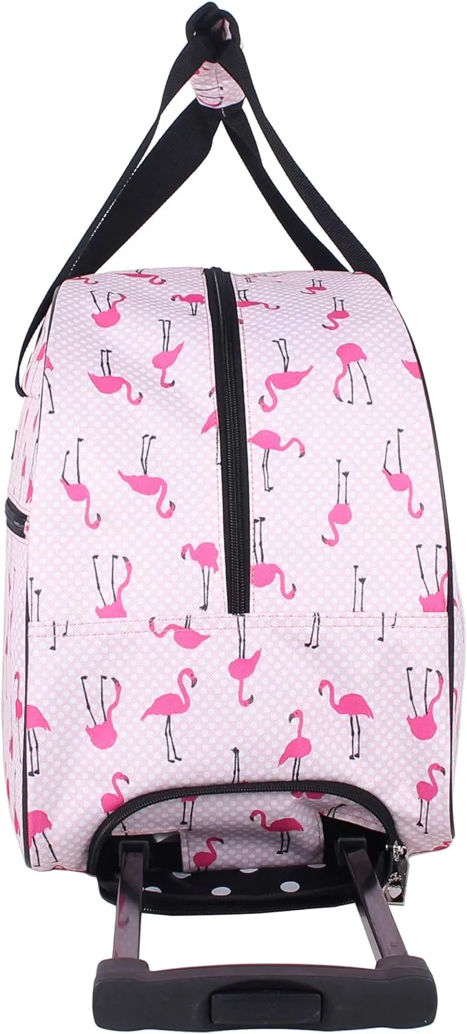 Betsey Johnson Designer Carry On Luggage Collection - Lightweight Pattern 22 Inch Duffel Bag- Weekender Overnight Business Travel Suitcase with 2- Rolling Wheels (Flamingo Strut)