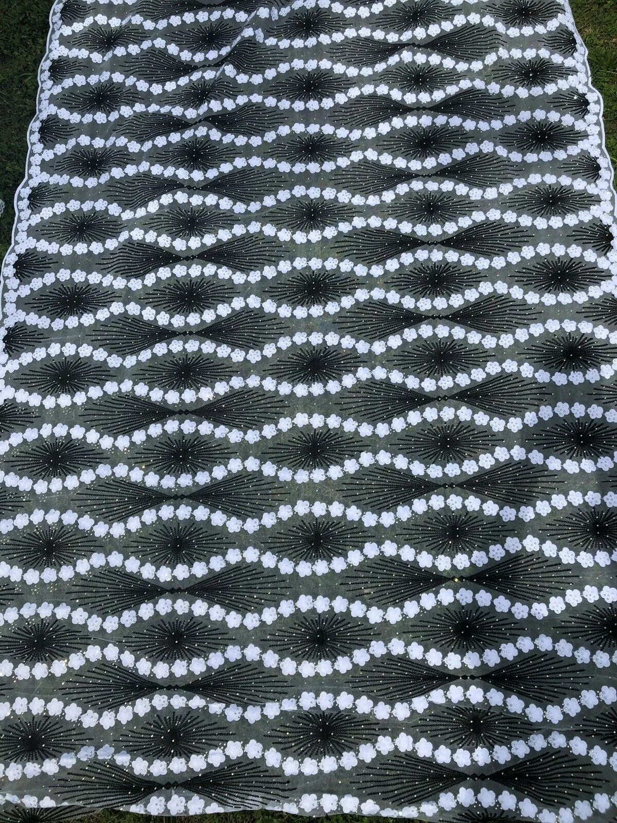 Black and White Embroidered Lace Fabric with Rhinestones