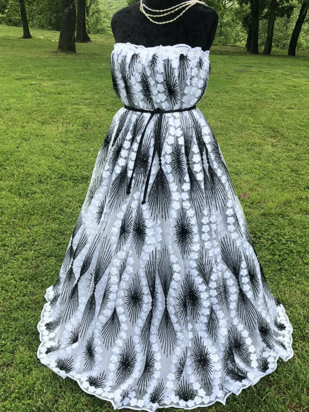 Black and White Embroidered Lace Fabric with Rhinestones