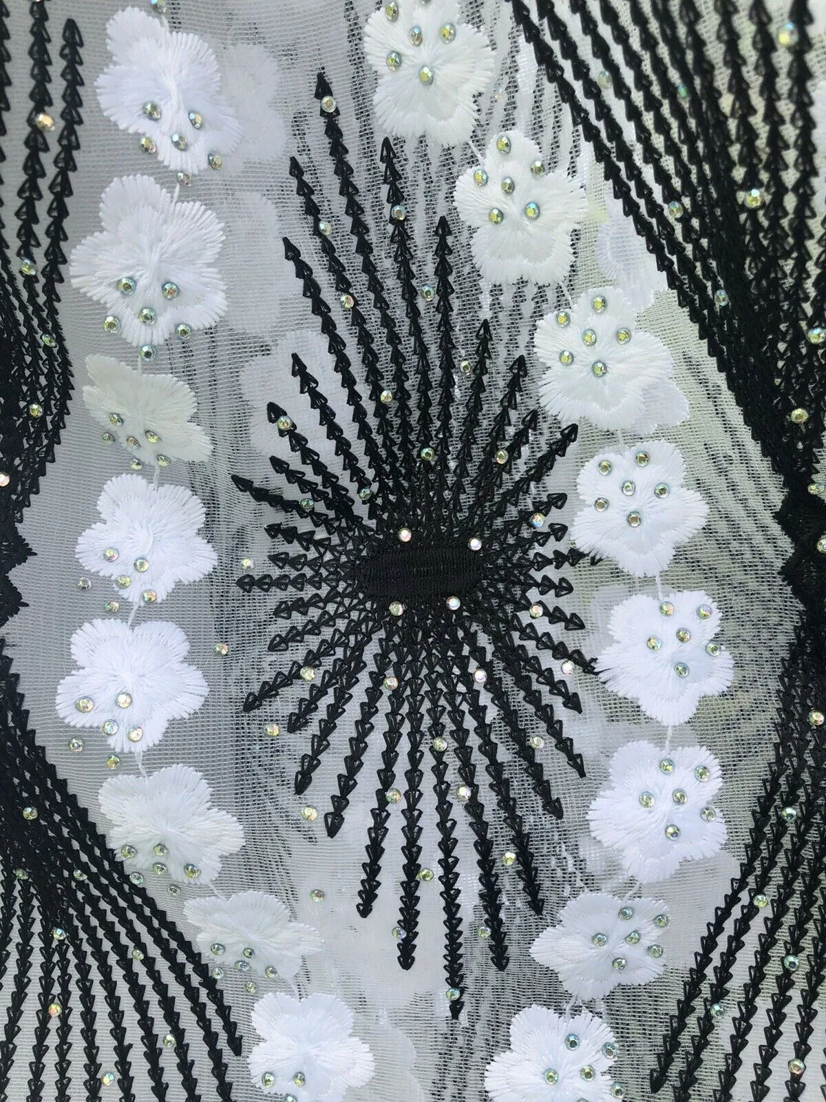 Black and White Embroidered Lace Fabric with Rhinestones