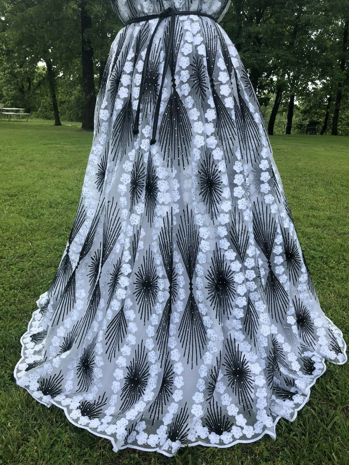 Black and White Embroidered Lace Fabric with Rhinestones
