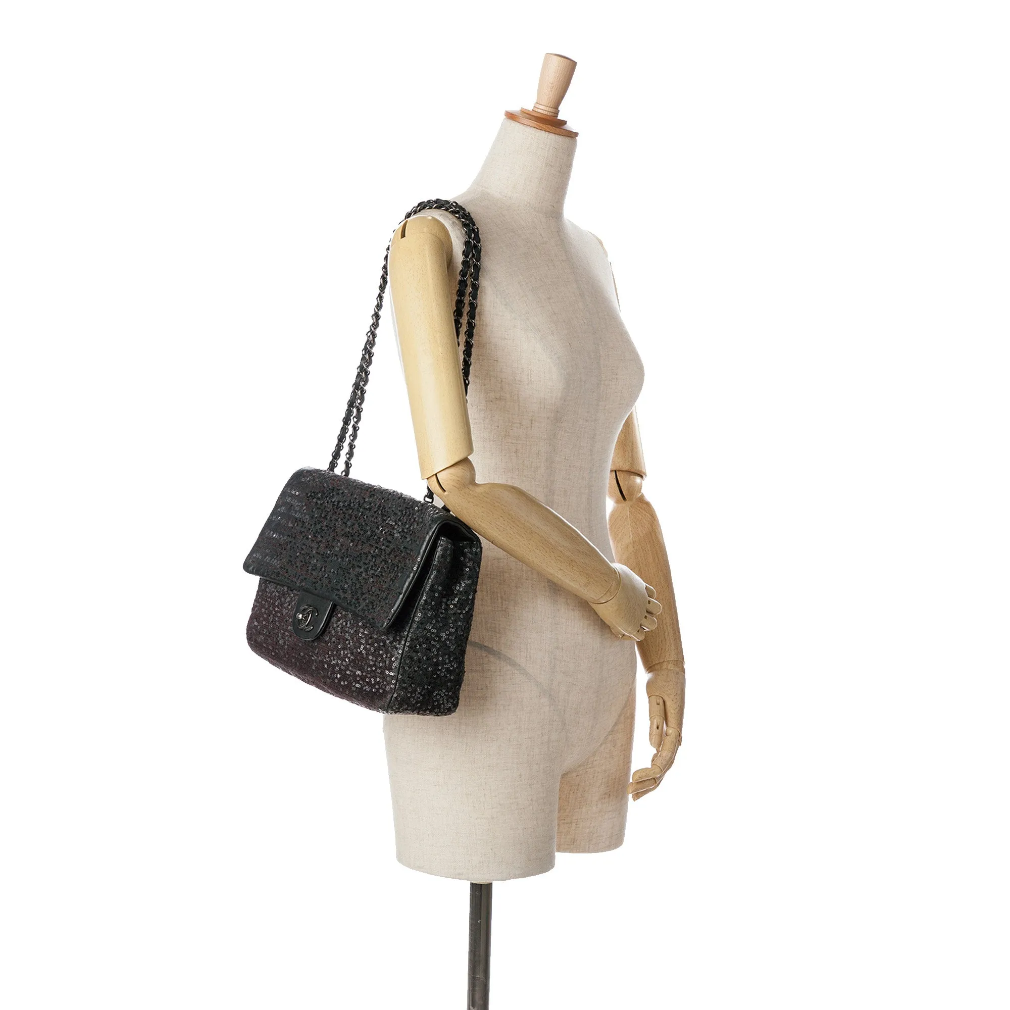 Black Chanel Jumbo Sequined Lambskin Moonlight On Water Flap Shoulder Bag