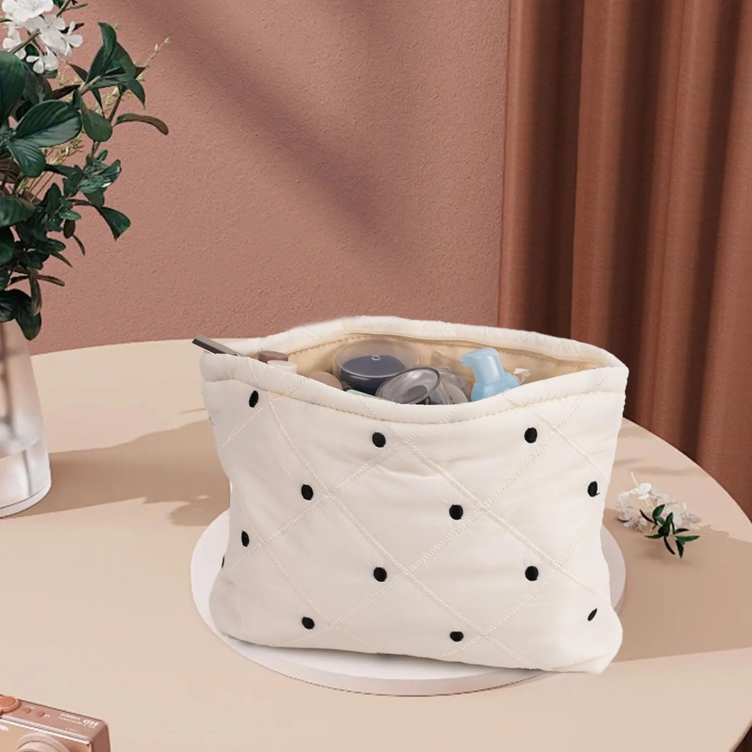 Black Dots Quilted Makeup Bag, Cute Make Up Bag Organizer whith Grid pattern, Cotton Cosmetic Bag for Women & Girls, Canvas Lined Pouch, Coquette Organizer purse(Black Dots Medium)