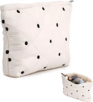 Black Dots Quilted Makeup Bag, Cute Make Up Bag Organizer whith Grid pattern, Cotton Cosmetic Bag for Women & Girls, Canvas Lined Pouch, Coquette Organizer purse(Black Dots Medium)