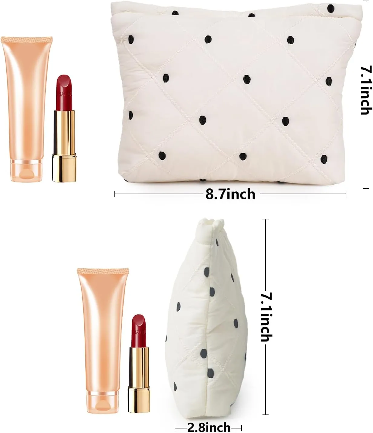 Black Dots Quilted Makeup Bag, Cute Make Up Bag Organizer whith Grid pattern, Cotton Cosmetic Bag for Women & Girls, Canvas Lined Pouch, Coquette Organizer purse(Black Dots Medium)