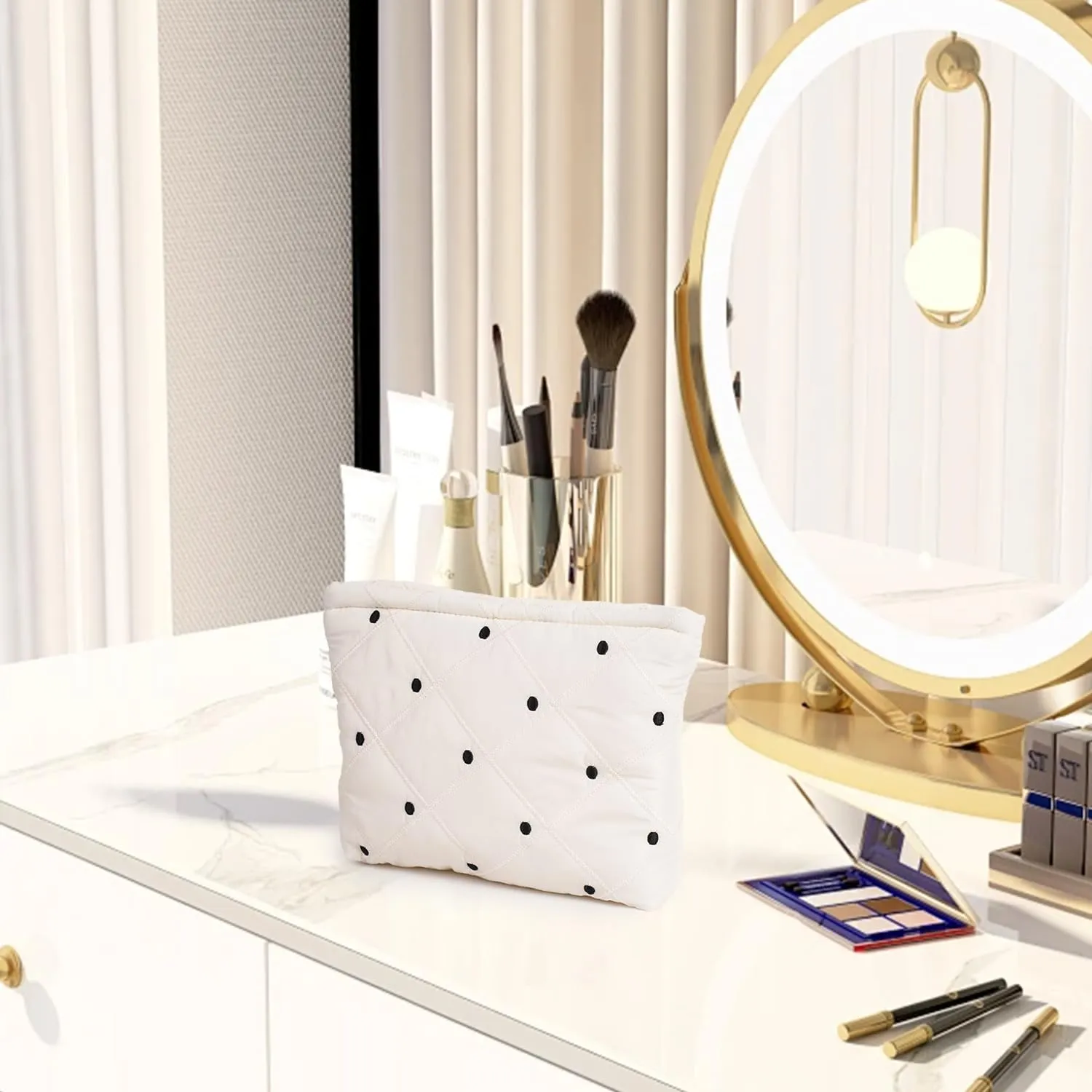 Black Dots Quilted Makeup Bag, Cute Make Up Bag Organizer whith Grid pattern, Cotton Cosmetic Bag for Women & Girls, Canvas Lined Pouch, Coquette Organizer purse(Black Dots Medium)