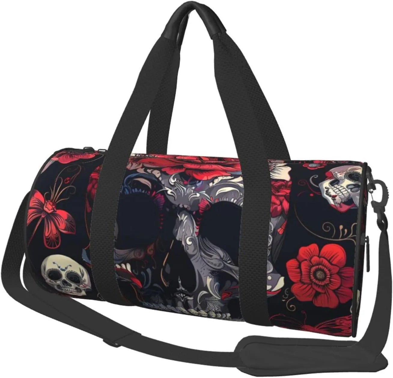Black Floral Skull Printed Sports Gym Bag for Men Women Foldable Duffel Bag Carry On Weekender Bag for Travel Sports