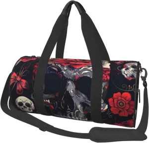 Black Floral Skull Printed Sports Gym Bag for Men Women Foldable Duffel Bag Carry On Weekender Bag for Travel Sports