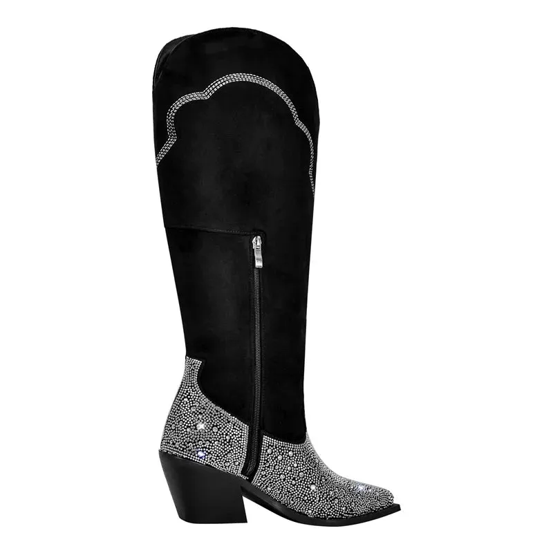 Black Knee High Rhinestone Boots Western Cowboy Boots